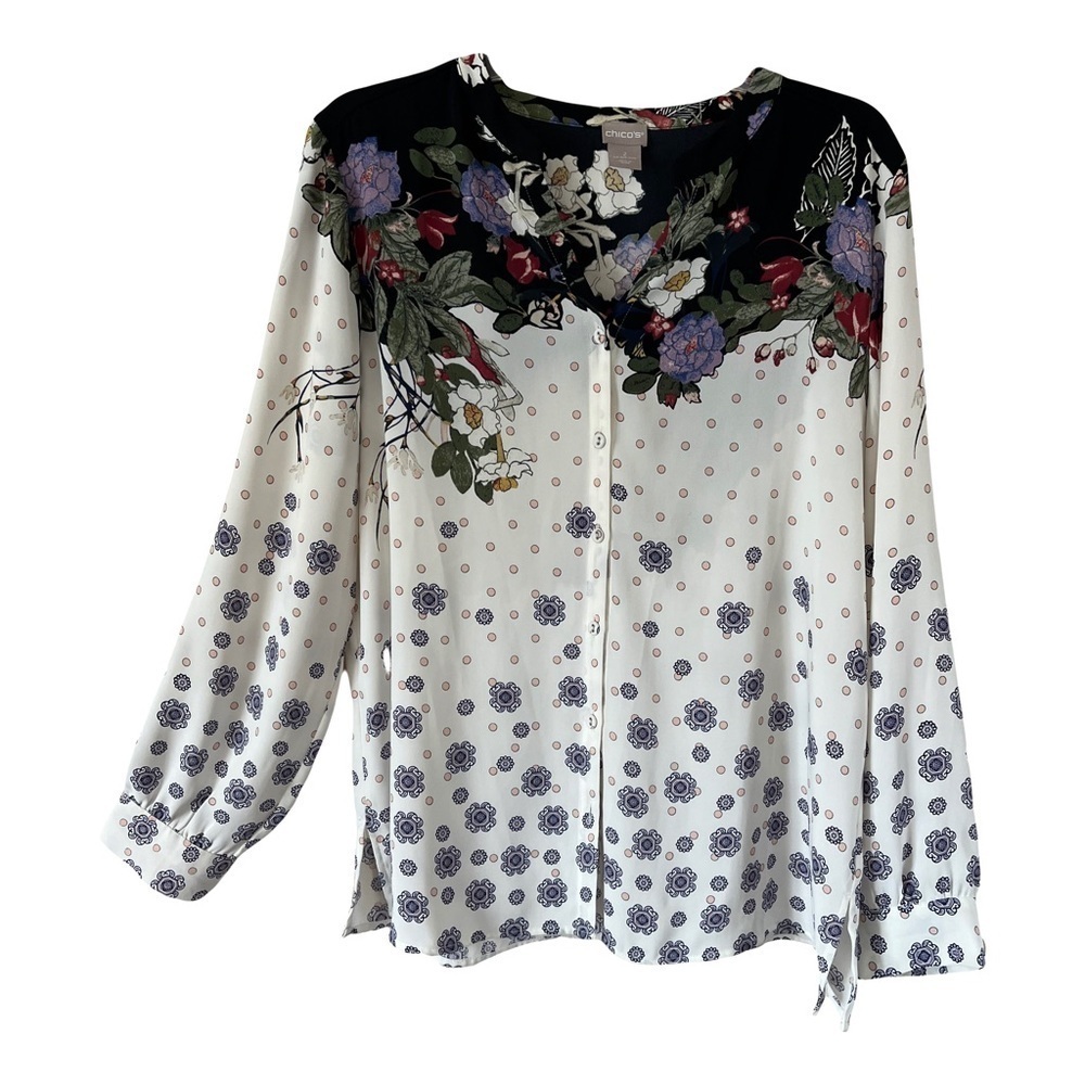 Chico’s | Multicolored Foulard Floral Button Front V-Neck Blouse Shirt, Size 2